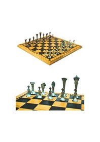 Resim Mc46 Büyük Boy Metal Satranç Takımı 37x37cm Doğal Ahşap Kayın Tahta El Yapımı Antik Metal Taşlar 