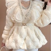 Resim Kadınlar için şık kışlık puf kaban, bel detaylı, uzun kollu, dantelli, polyester, beyaz, sıcak dış giyim, soğuk hava için mükemmel 