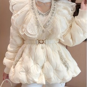 Resim Kadınlar için şık kışlık puf kaban, bel detaylı, uzun kollu, dantelli, polyester, beyaz, sıcak dış giyim, soğuk hava için mükemmel 