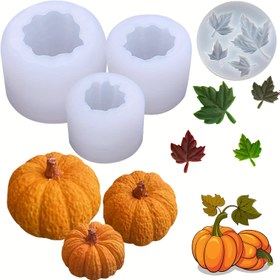 Resim 4 adet/paket Kabak Mum Tutucu Yapımı Silikon Kalıpları, Akçaağaç Yaprağı Silikon Kalıpları, Epoksi Reçine Dökümü İçin 3D Kabak Silikon Kalıpları, Şükran Günü Cadılar Bayramı DIY Sanat Hediyeleri Ev Dekoru 