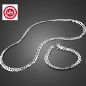 Resim Şık 2 Parça Takı Seti 925 Ayar Gümüş 5mm Tam Yan Kolye + Bilezik Küba Zinciri Erkek ve Kadınlar İçin Uygun Eş Hediyesi Günlük Düğün Partisi Rahat Giyim Doğum Günü Hediye 