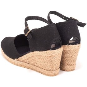 Resim Gerçek Elişi Bilekten Bantlı Topuğu Açık Keten Espadril Dolgu Topuk Handmade Siyah 