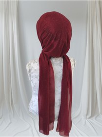 Resim NurAy Bordo Simli Tektek Hazır Şal Hazır Türban Abiye Şal 