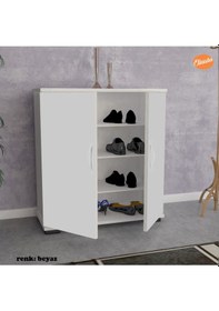 Resim Portmanto Vestiyer Ayakkabılık 2 Kapaklı Ayakkabı Dolabı Raflı Beyaz 