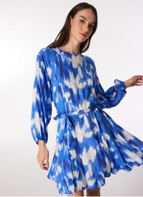 Resim Fabrika Bisiklet Yaka Batik Lacivert - Beyaz Mini Kadın Elbise F4SL-ELB0448 