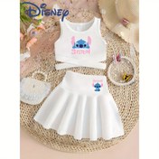 Resim Disney Resmi Lisanslı Kızlar için Yazlık Stitch Baskılı Yaka Arkası Yelek & Etek 2'li Set, Şık Çapraz Askı Tasarımı, Açık Bej - Nefes Alabilen Kumaş, Günlük Spor Tarzı, Çok Yönlü Kıyafetler, Kızlar İçin İdeal Hediye Seçeneği 