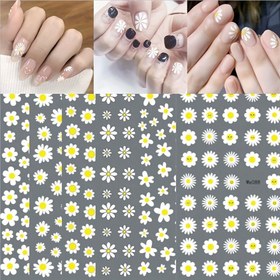 Resim 1 adet Japon 3D Papatya & Krizantem Tırnak Sanatı Stickerları - Kendinden Yapışkanlı, Parıldayan Beyaz Çiçek Desenli DIY Manikürler için, Taze Küçük Papatya Yabani Krizantem Tasarımı, Plastik Malzeme, Uygulaması Kolay, Çiçek Tırnak Stickerları 