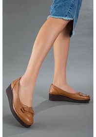 Resim Dilimler Ayakkabı Hakiki Deri Ortopedik Fiyonklu Taba Kadın Ayakkabı-1144-Taba 