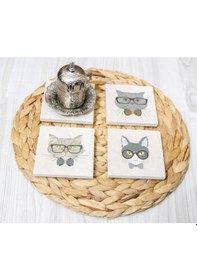 Resim Doğal Taş Uv Baskılı 4'lü Set Dekoratif Hediyelik Bardak Altlığı Çok Renkli 