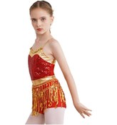 Resim Altın Çocuk Kız Parlak Pullu Metalik Dans Bodysuit Ayarlanabilir Sapanlar Pullu Saçak Boyleg Tulum Latin Samba İçin Altın 