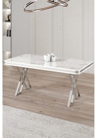 Resim Canisa Rigel Serisi 80x130 Lak Panel Beyaz Mermer Desen Masa Takımı Krom Ayaklı 4 Siyah Sandalye Beyaz Mermer Desen Masa Sandalyeler Siyah 