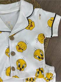 Resim Kruvaze Yaka Önden Düğmeli Rahat Kalıp Yazlık Unisex Bebek Pijama Takımı %100 Pamuk 4bb2 Beyaz 
