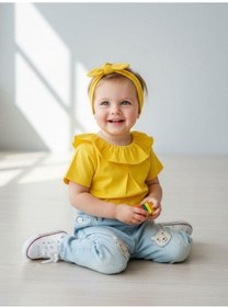 Resim Zekids Kız Bebek Pamuklu Yakası Fırfırlı Basic T-shirt-7460 Sarı 
