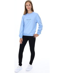 Resim Toontoy Kids Toontoy Kız Çocuk 2'li Takım Baskılı Bisiklet Yaka Düşük Omuz Sweatshirt & Basic Düz Tayt Mavi 