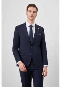 Resim Morven Erkek Lacivert Yünlü Platinium Düz Desen Slim Fit Sivri Yaka Takım Elbise Lacivert 