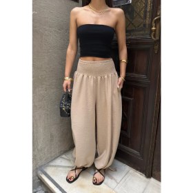 Resim Bejna Kadın Elastik Bel Detaylı Keten Dokulu Şalvar Pantolon 
