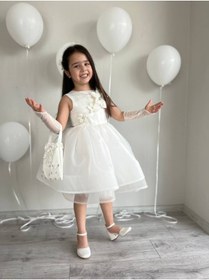 Resim Sare Çocuk Giyim 5 Parça Kırık Beyaz Kız Çocuk Kabarık Çiçek Motifli Abiye Düğün Elbisesi+ Eldiven+ Toka+Çanta 