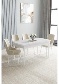 Resim Jusie Beyaz 80x132 Açılabilir Yemek Odası Takımı 4 Adet Sandalye Kahverengi 
