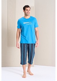 Resim Over Sleep By Poleren Erkek Pijama Takımı Kapri & Bermuda Kısa Kol Mavi 