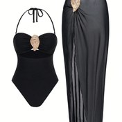 Resim Şeffaf Mesh Etekli Şık Metal Detaylı Festival Yüzme Kıyafeti - Halter Boyunlu Tek Parça Mayo 