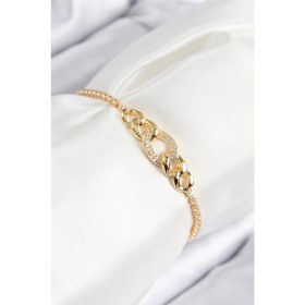 Resim Pirinç Zirkon Taşlı Zincir Model Gold Renk Asansörlü Kadın Bileklik 
