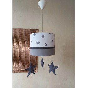 Resim Onay M-354 Beyaz Yıldızlı Gri Kumaş Kaplama Çocuk Odası ve Genç Odası Avize Aydınlatma Sarkıt 