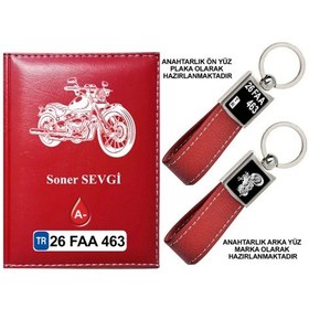 Resim Plakanıza Özel Motor Logolu Kırmızı Ruhsat Kabı Ve Anahtarlık 