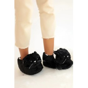 Resim Kışlık Kadın Sevimli Kedi Hayvan Figürlü Peluş Panduf 