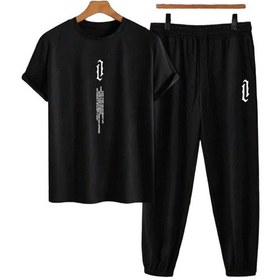 Resim Unisex Bisiklet Yaka Slogan Baskılı Siyah Tişört Ve Siyah Eşofman Altı 2'li Set A Siyah 