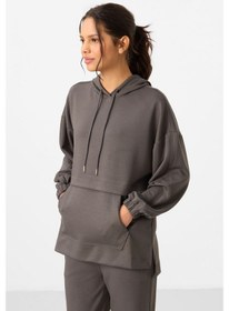 Resim Tommylife Koyu Gri Yumuşak Dokulu Kapüşonlu Oversize Kadın Eşofman Tunik Takım - 95348 Koyu Gri 