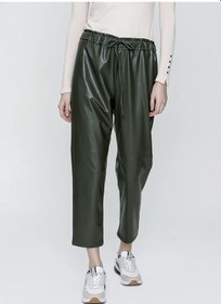 Resim Beli Lastikli Yüksek Bel Deri Pantolon - Haki Renk-396 Haki 