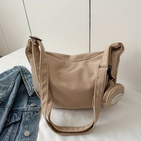 Resim 1 adet Minimalist Düz Renkli Kanvas Omuz Çantası ile Kulaklık Cebi, Büyük Kapasite, Yumuşak, Moda, Astarsız, Fermuar Kapatma, Kolay Bakım - Mother Dumpling Tarzı 