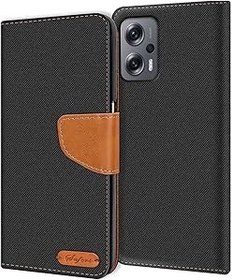 Resim Verco Xiaomi Poco X4 GT ile uyumlu, Poco X4 GT için koruyucu kılıf çanta Denim tekstil Book Case Flip Case - katlanır kılıf siyah 
