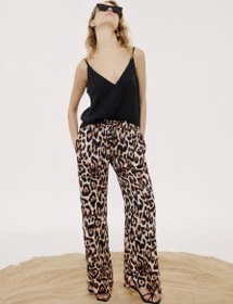 Resim Beli Büzgülü Leopar Desenli Saten Pantolon - Xs 