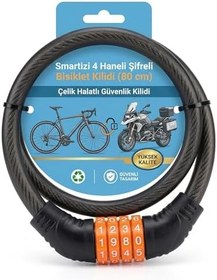 Resim Smartizi 4 Haneli Şifreli Bisiklet Kilidi (80 cm) - Çelik Halatlı Güvenlik Kilidi Motosiklet ve Bisiklet İçin 