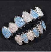 Resim Qianyi Hiphop Bling Tam Zirkon Mavi Diş Grillz Seti - Unisex Üst Ve Alt Izgaralar, Parti Takı Rodyum Kaplama 
