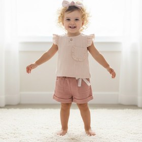Resim Saç Bantlı Kız Bebek Takım - Pudra / 3-4 Yaş 