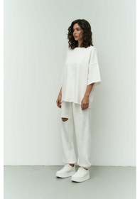 Resim Mai Studios Co. Lion Beyaz Oversize T-shirt Yırtıklı Eşof Beyaz 