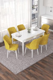 Resim Canisa Nef Serisi, Beyaz 70x114 Açılabilir Mdf Yemek Odası Takımı, 6 Hardal Sandalye 