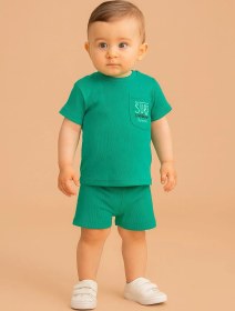 Resim Erkek Bebek Dar Kalıp Ribana Kumaş Cepli Surf Yazılı Şortlu Takım - Yeşil 25143 Yeşil 