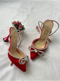 Resim Gamze Shoes Kırmızı Renk Saten Bilekten Bağlama Fiyonk Taşlı 