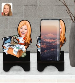 Resim Bk Gift Kişiye Özel Kadın Bankacı Karikatürlü Ahşap Biblo Telefon Standı-1 
