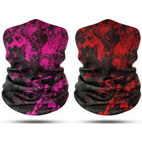 Resim Dair Pembe Kırmızı Boya Desenli 2'li Set Boyunluk Bandana Outdoor Balaklava Yüz Maskesi Kafa Bandı 