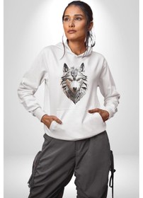 Resim Beyaz Kurt Kafası Kadın Erkek Beyaz Kapüşonlu Sweatshirt Hoodie Beyaz 
