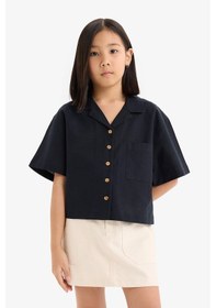 Resim DeFacto Kız Çocuk Cropped Fit Keten Kısa Kollu Gömlek D7638A825SMBK27 