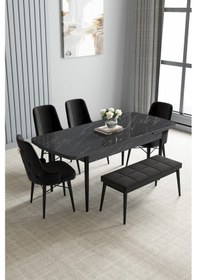 Resim Jusie Siyah Mermer Desen 80x132 Açılabilir Yemek Odası Takımı 4 Sandalye, 1 Bench 