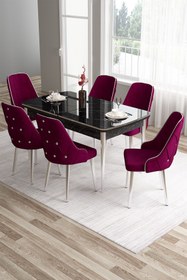 Resim Canisa Tia Serisi 80x132 Mdf Açılabilir Siyah Mermer Desen Krom Detay Mutfak Masası Ve 6 Mürdüm Sandalye 