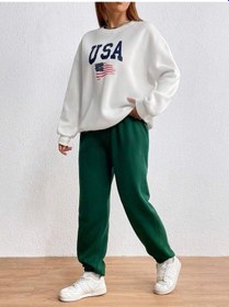 Resim Usa Bayrak Eşofman Takımı Beyaz Sweatshirt Yeşiljogger - Baskılı Oversize Şardonlu Bisiklet Yaka Beyaz 
