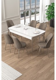 Resim Canisa Pale Serisi 80x132 Açılabilir Beyaz Mutfak Masa Takımı 6 Cappucino Sandalye Krom Detay Masa Beyaz Cap Sandalye 