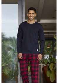 Resim Kly 6028 Erkek Sıfır Yaka Ekoseli Uzun Kollu Pijama Takım Lacıvert 
